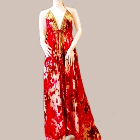 *LAST ONE***MANISH VAID Fushia/Brown Tie Dye Cry.Emb. Hi-Lo Dress OS NWT - Picture 1 of 7